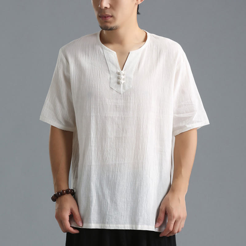 Chemise en coton et lin à manches courtes et col en V pour homme de couleur unie Buddha Stones