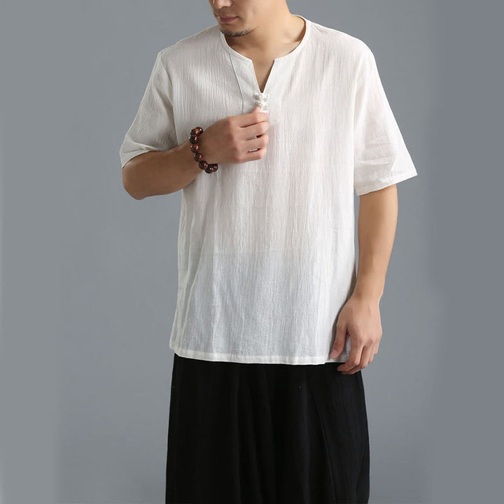 Chemise en coton et lin à manches courtes et col en V pour homme de couleur unie Buddha Stones