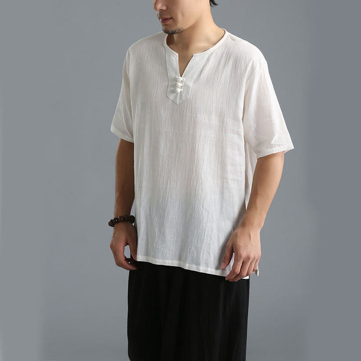 Chemise en coton et lin à manches courtes et col en V pour homme de couleur unie Buddha Stones