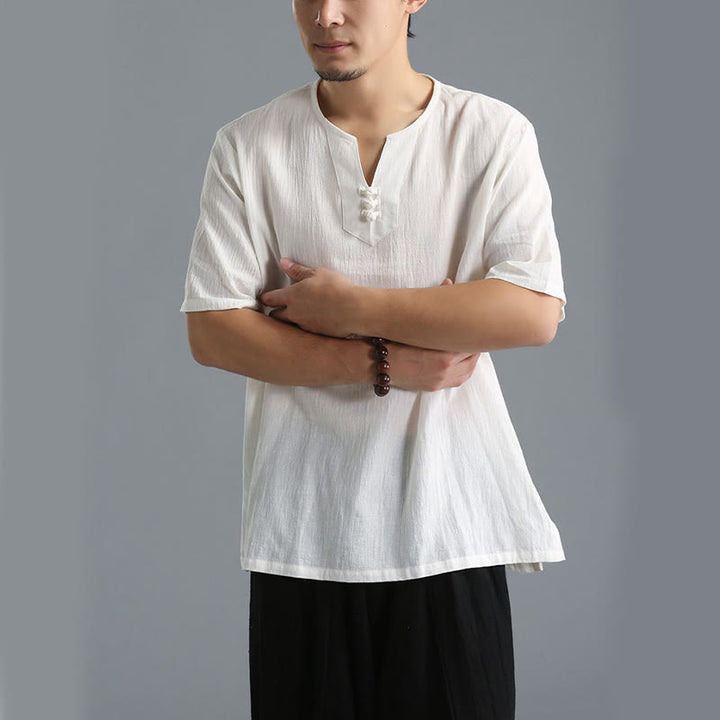 Chemise en coton et lin à manches courtes et col en V pour homme de couleur unie Buddha Stones