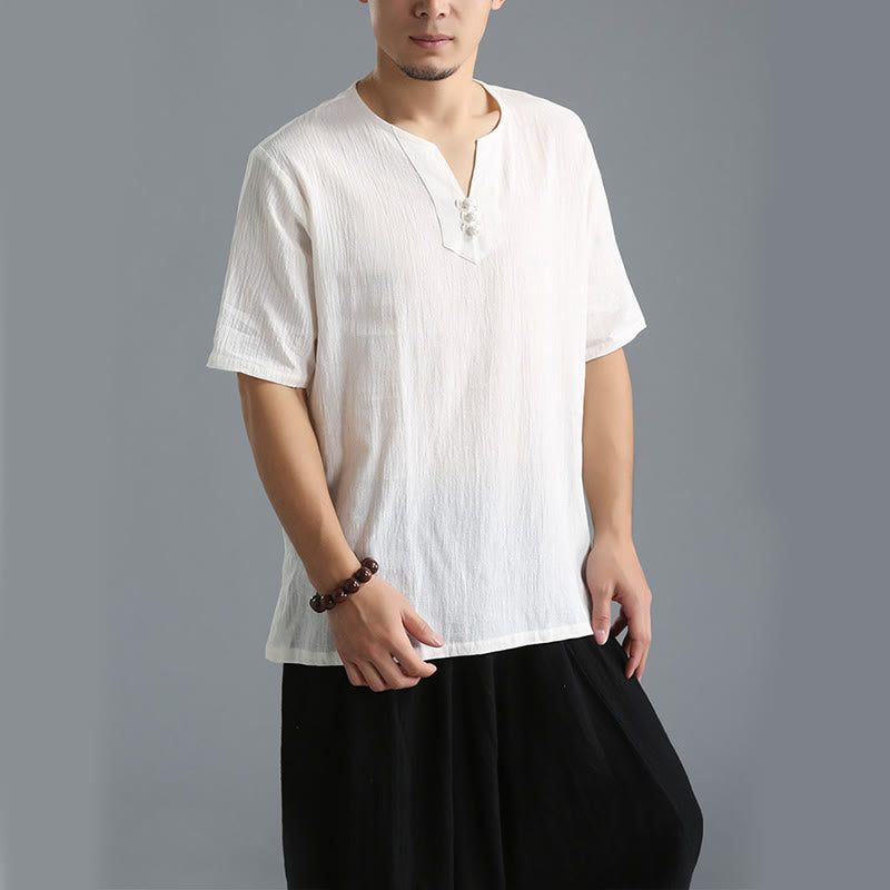 Chemise en coton et lin à manches courtes et col en V pour homme de couleur unie Buddha Stones