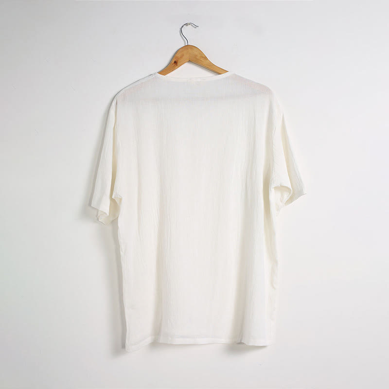 Chemise en coton et lin à manches courtes et col en V pour homme de couleur unie Buddha Stones