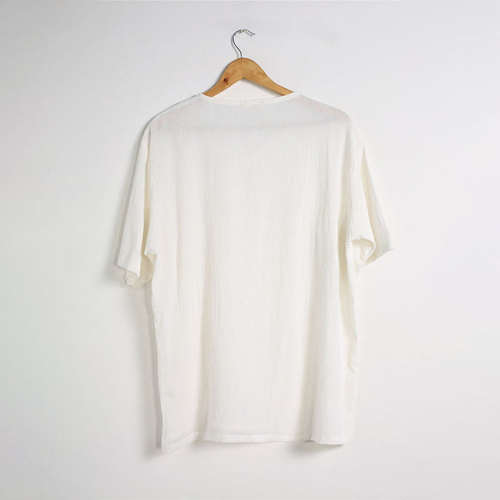 Chemise en coton et lin à manches courtes et col en V pour homme de couleur unie Buddha Stones