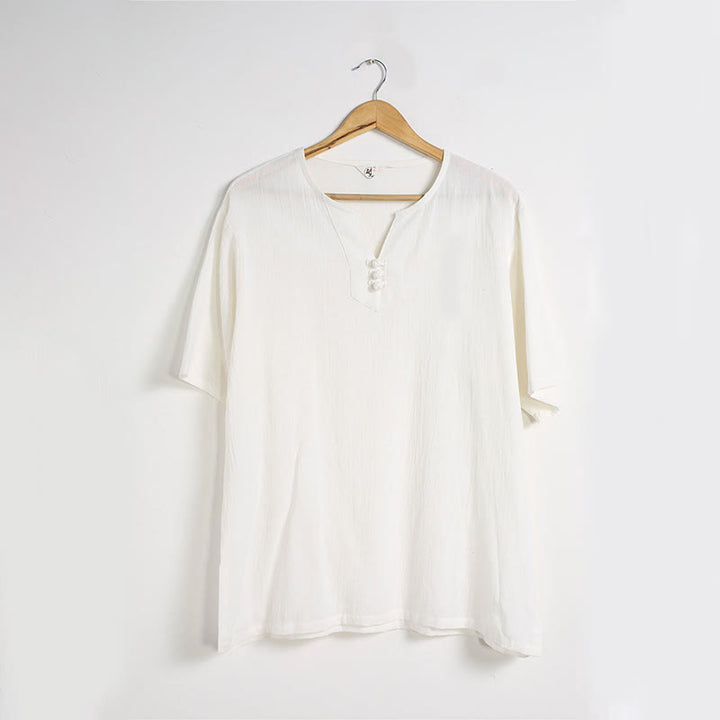 Chemise en coton et lin à manches courtes et col en V pour homme de couleur unie Buddha Stones