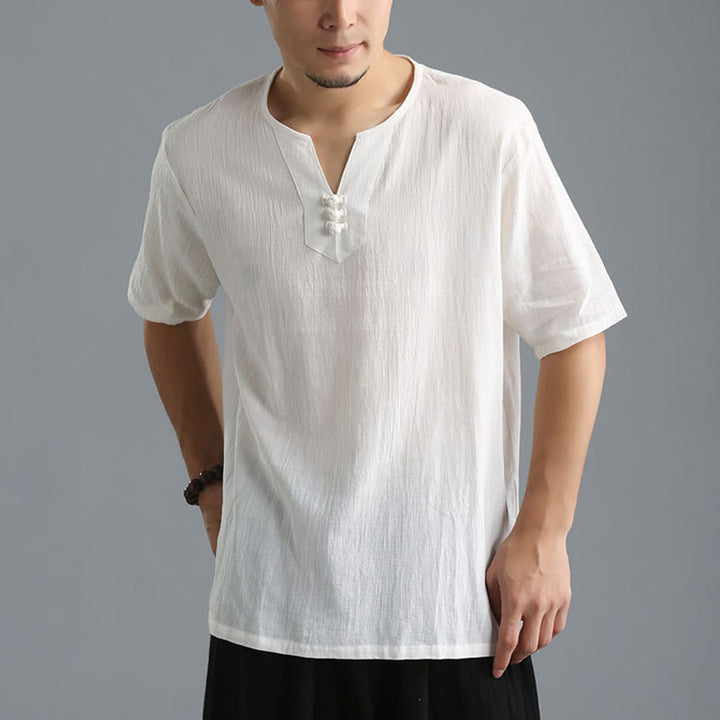 Chemise en coton et lin à manches courtes et col en V pour homme de couleur unie Buddha Stones