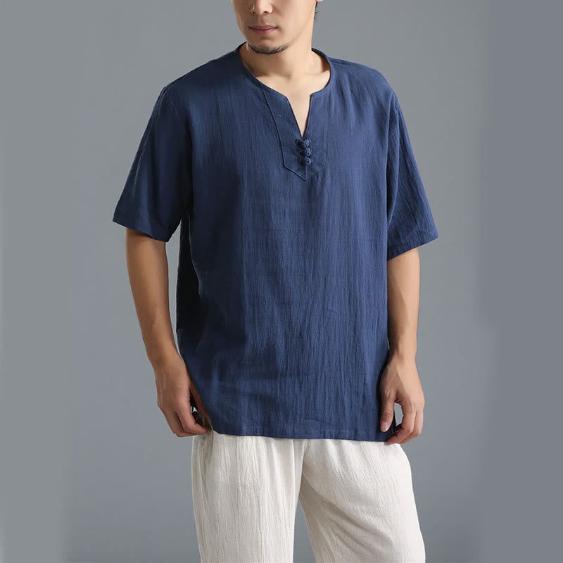 Chemise en coton et lin à manches courtes et col en V pour homme de couleur unie Buddha Stones