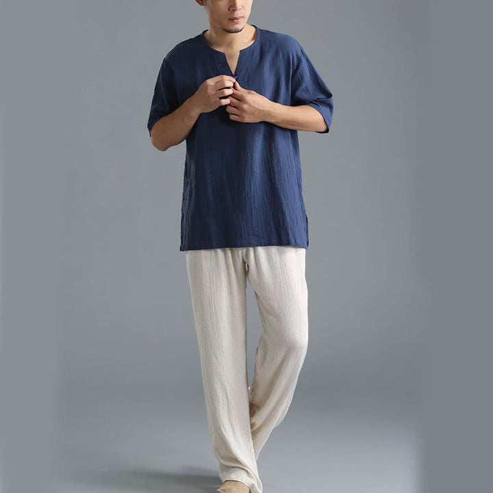 Chemise en coton et lin à manches courtes et col en V pour homme de couleur unie Buddha Stones