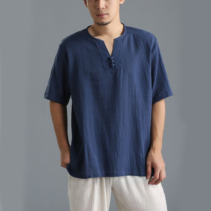 Chemise en coton et lin à manches courtes et col en V pour homme de couleur unie Buddha Stones