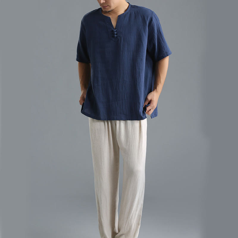 Chemise en coton et lin à manches courtes et col en V pour homme de couleur unie Buddha Stones