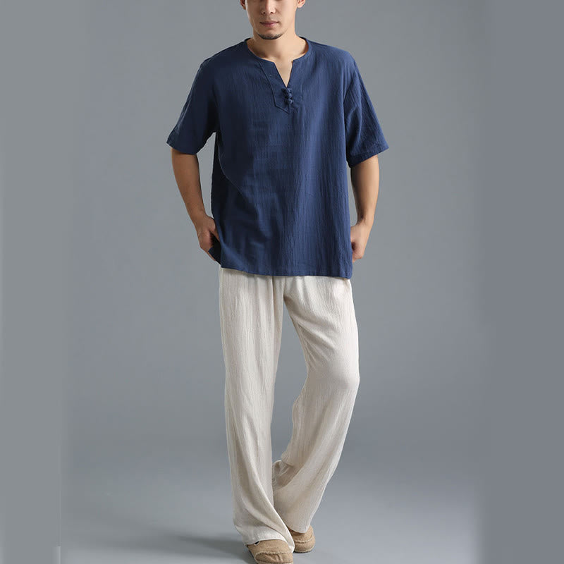 Chemise en coton et lin à manches courtes et col en V pour homme de couleur unie Buddha Stones