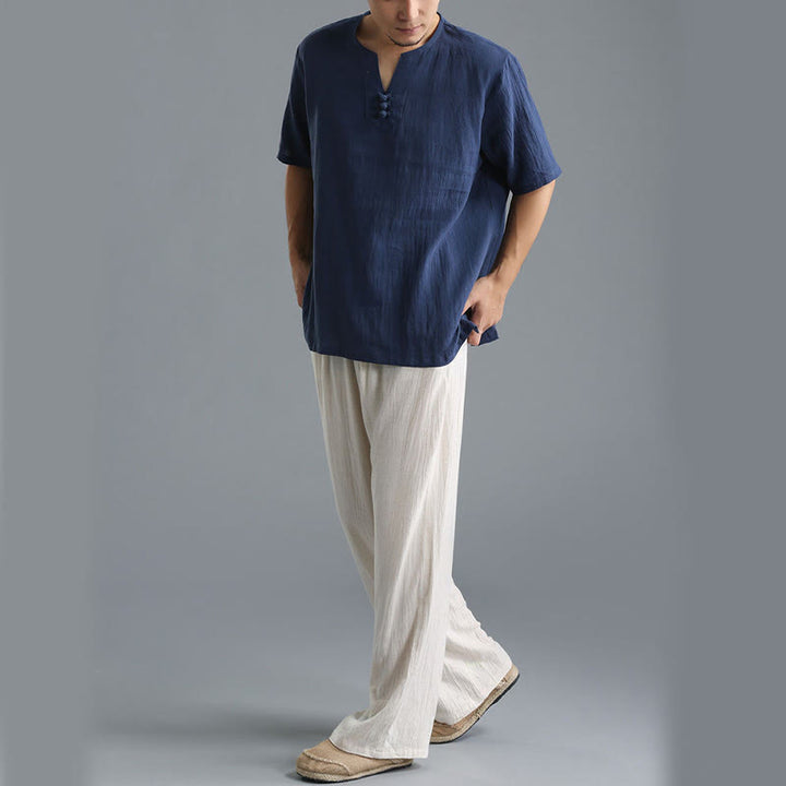 Chemise en coton et lin à manches courtes et col en V pour homme de couleur unie Buddha Stones