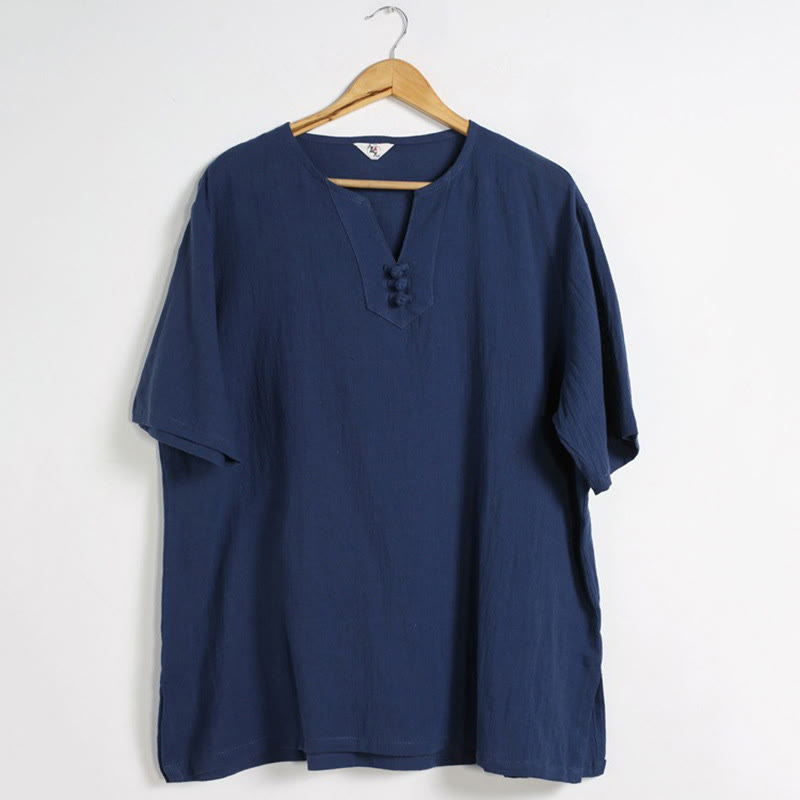 Chemise en coton et lin à manches courtes et col en V pour homme de couleur unie Buddha Stones