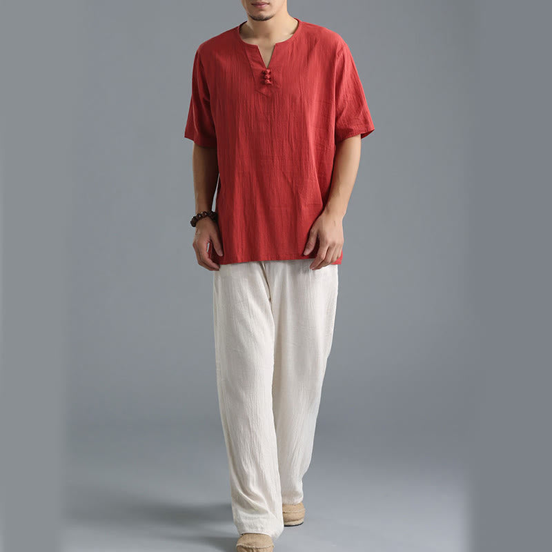 Chemise en coton et lin à manches courtes et col en V pour homme de couleur unie Buddha Stones