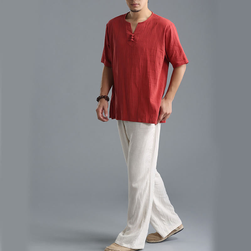 Chemise en coton et lin à manches courtes et col en V pour homme de couleur unie Buddha Stones