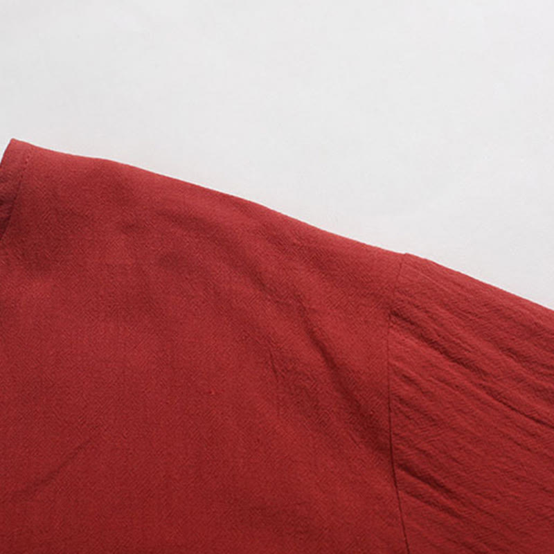 Chemise en coton et lin à manches courtes et col en V pour homme de couleur unie Buddha Stones