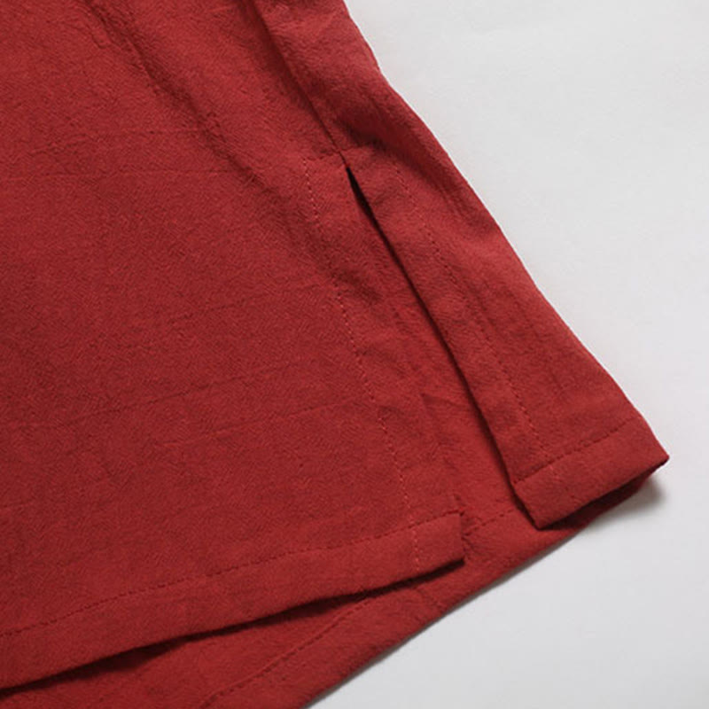 Chemise en coton et lin à manches courtes et col en V pour homme de couleur unie Buddha Stones