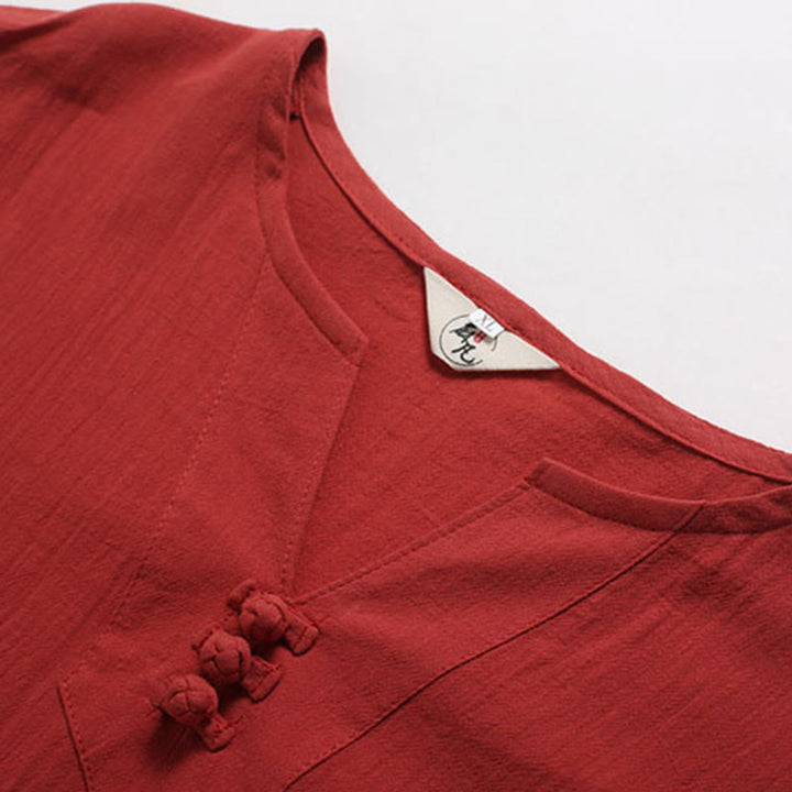 Chemise en coton et lin à manches courtes et col en V pour homme de couleur unie Buddha Stones