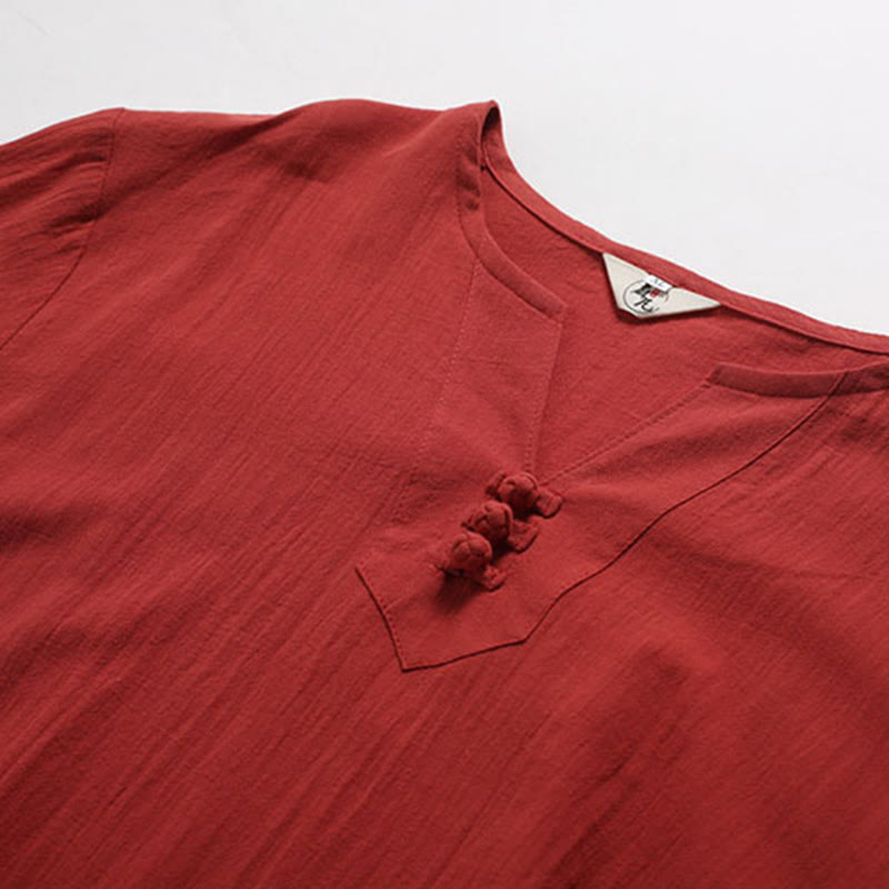 Chemise en coton et lin à manches courtes et col en V pour homme de couleur unie Buddha Stones