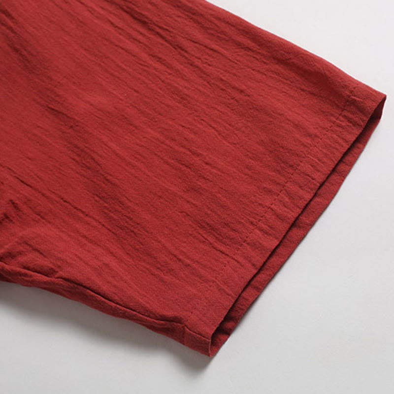 Chemise en coton et lin à manches courtes et col en V pour homme de couleur unie Buddha Stones