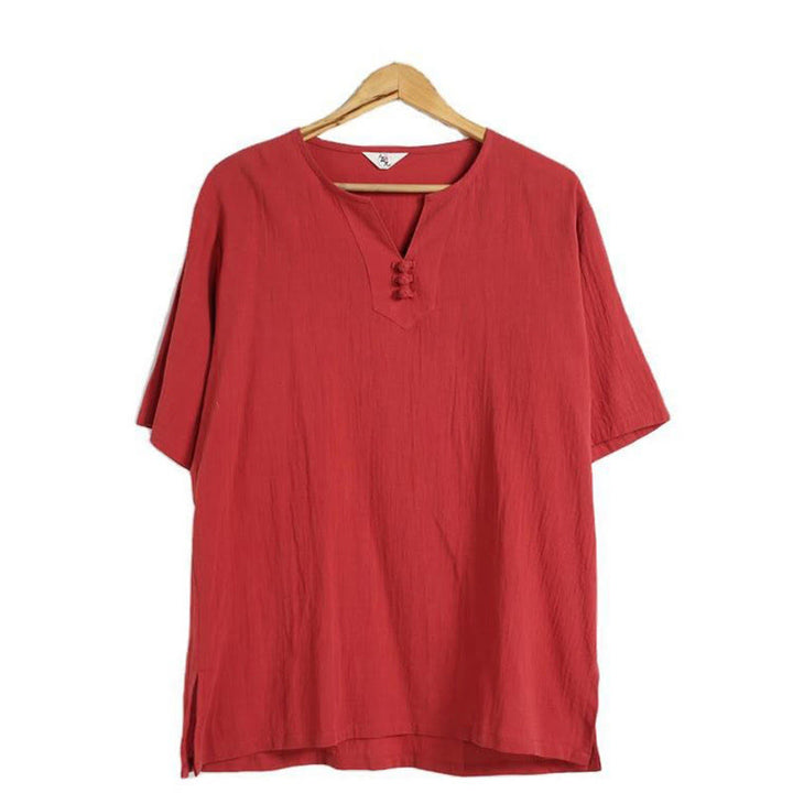 Chemise en coton et lin à manches courtes et col en V pour homme de couleur unie Buddha Stones
