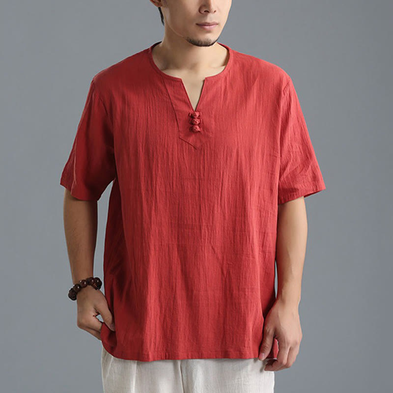 Chemise en coton et lin à manches courtes et col en V pour homme de couleur unie Buddha Stones