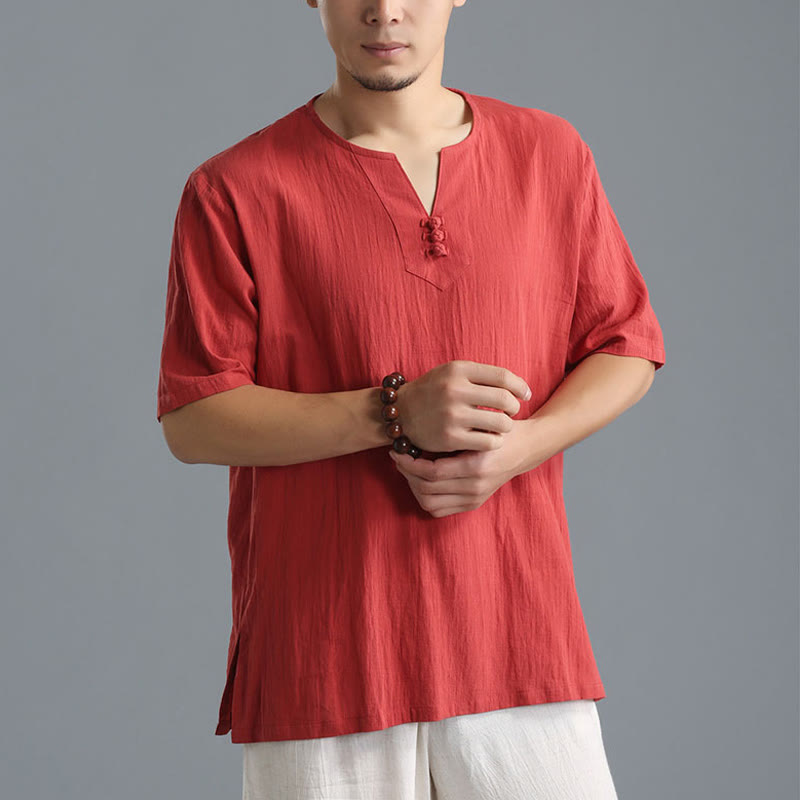 Chemise en coton et lin à manches courtes et col en V pour homme de couleur unie Buddha Stones