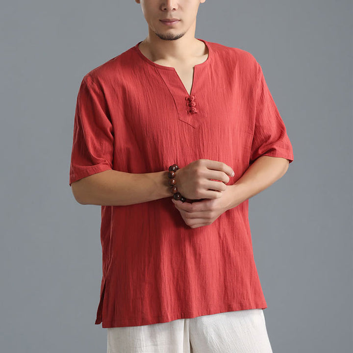 Chemise en coton et lin à manches courtes et col en V pour homme de couleur unie Buddha Stones