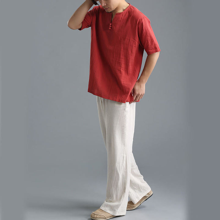 Chemise en coton et lin à manches courtes et col en V pour homme de couleur unie Buddha Stones