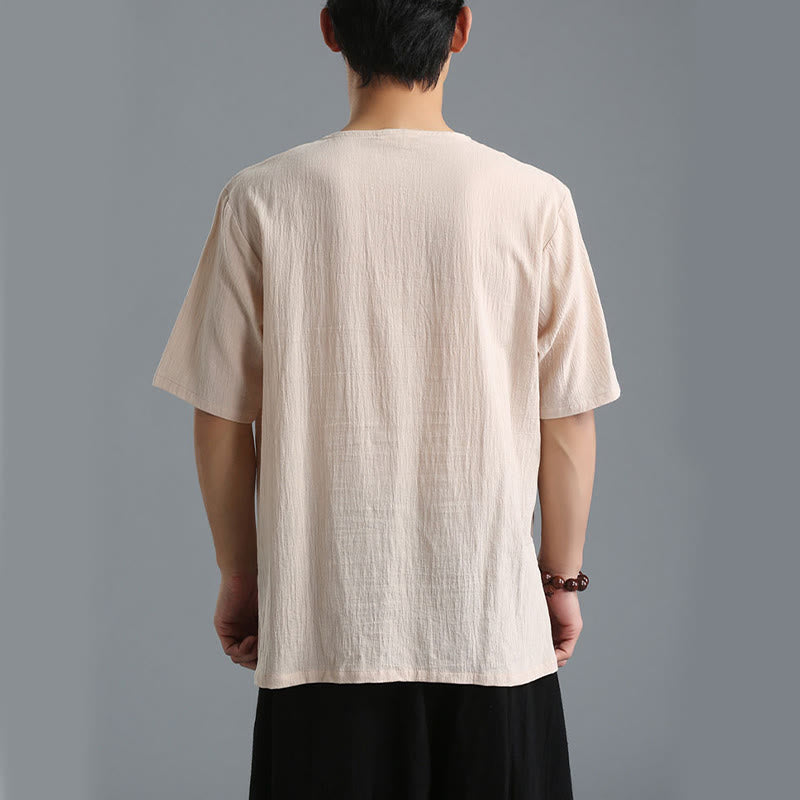 Chemise en coton et lin à manches courtes et col en V pour homme de couleur unie Buddha Stones