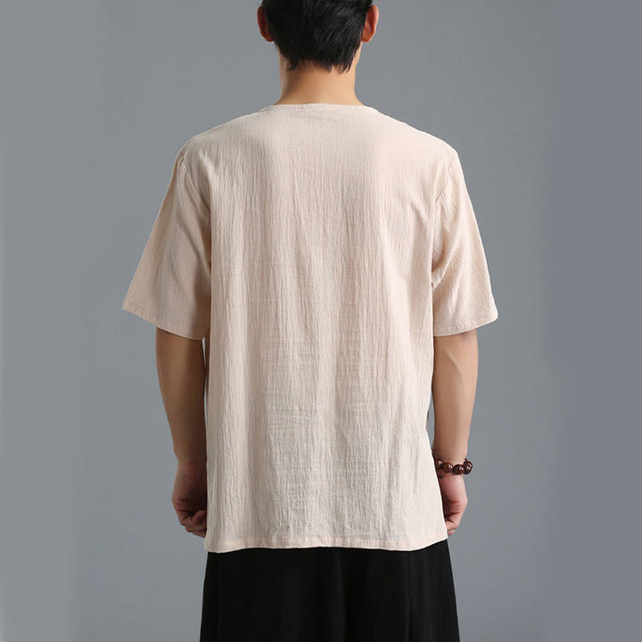 Chemise en coton et lin à manches courtes et col en V pour homme de couleur unie Buddha Stones