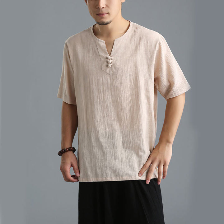 Chemise en coton et lin à manches courtes et col en V pour homme de couleur unie Buddha Stones