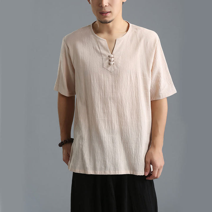 Chemise en coton et lin à manches courtes et col en V pour homme de couleur unie Buddha Stones