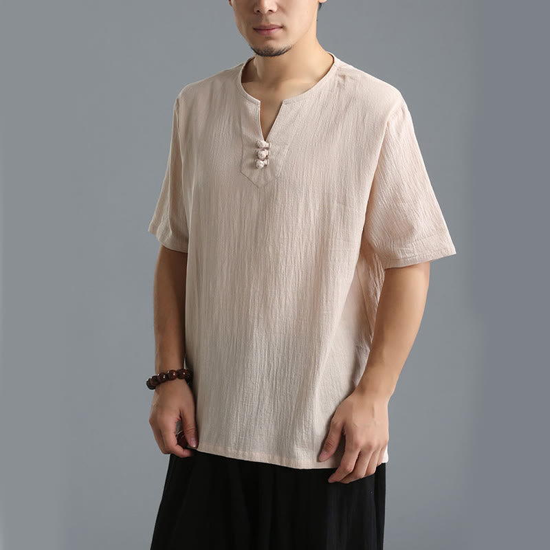 Chemise en coton et lin à manches courtes et col en V pour homme de couleur unie Buddha Stones