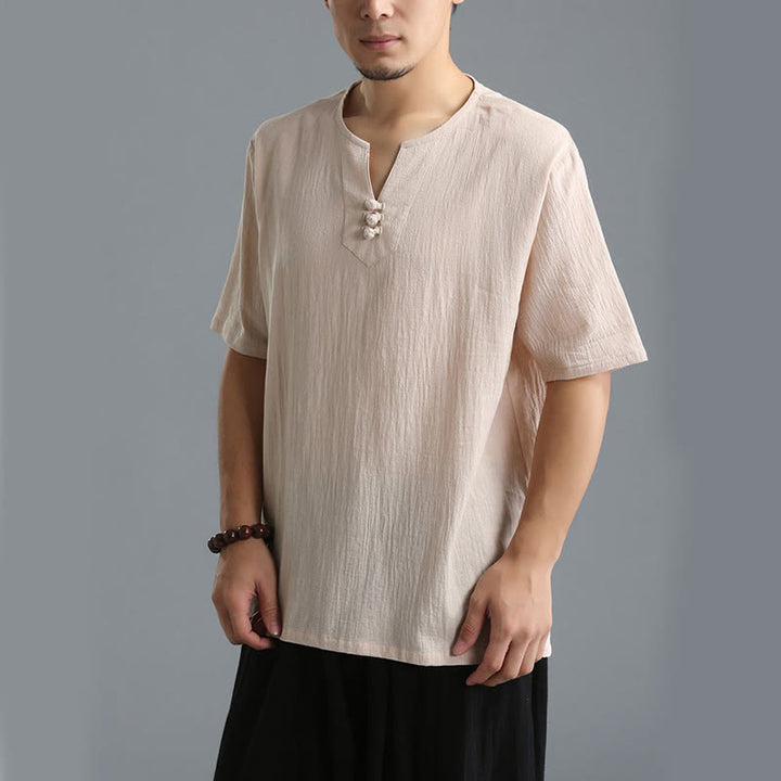 Chemise en coton et lin à manches courtes et col en V pour homme de couleur unie Buddha Stones