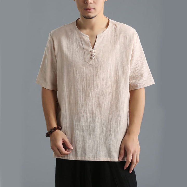 Chemise en coton et lin à manches courtes et col en V pour homme de couleur unie Buddha Stones