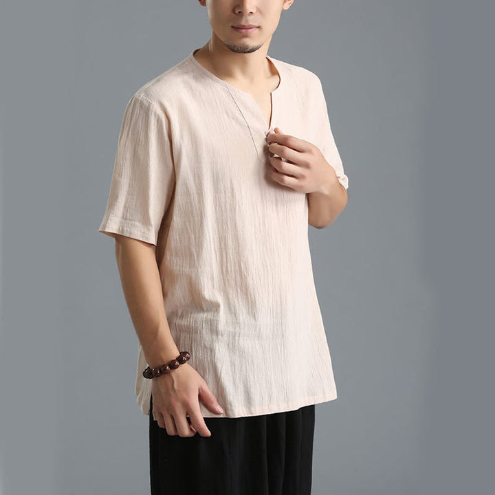 Chemise en coton et lin à manches courtes et col en V pour homme de couleur unie Buddha Stones