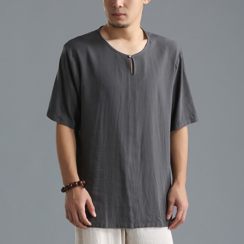 Chemise en coton et lin à manches courtes et col rond pour homme de couleur unie Buddha Stones