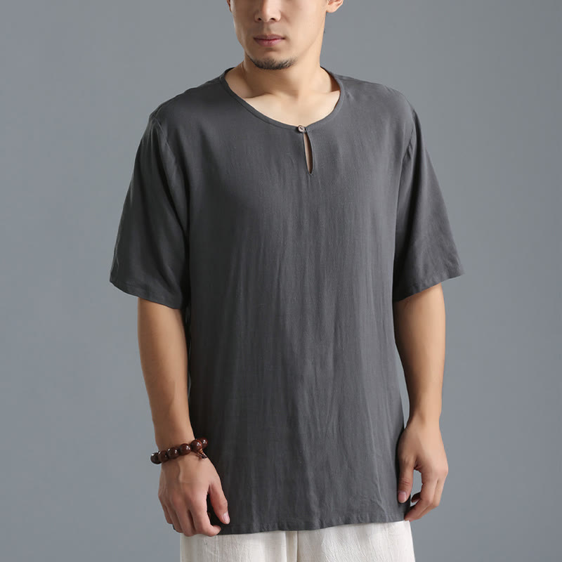 Chemise en coton et lin à manches courtes et col rond pour homme de couleur unie Buddha Stones - Gris terne - US/UK/AU40，EU50 (XL) - image 0
