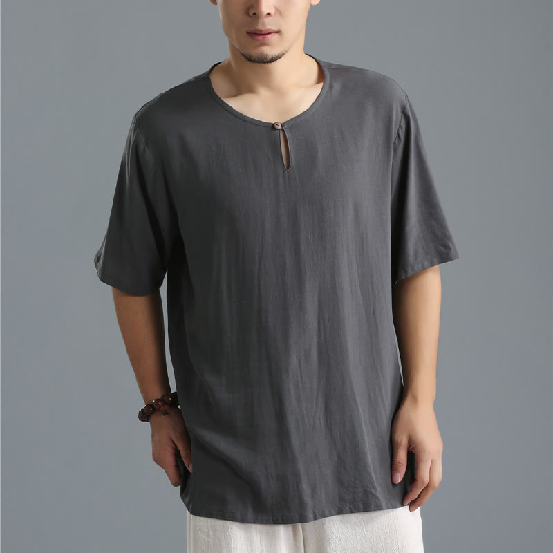 Chemise en coton et lin à manches courtes et col rond pour homme de couleur unie Buddha Stones