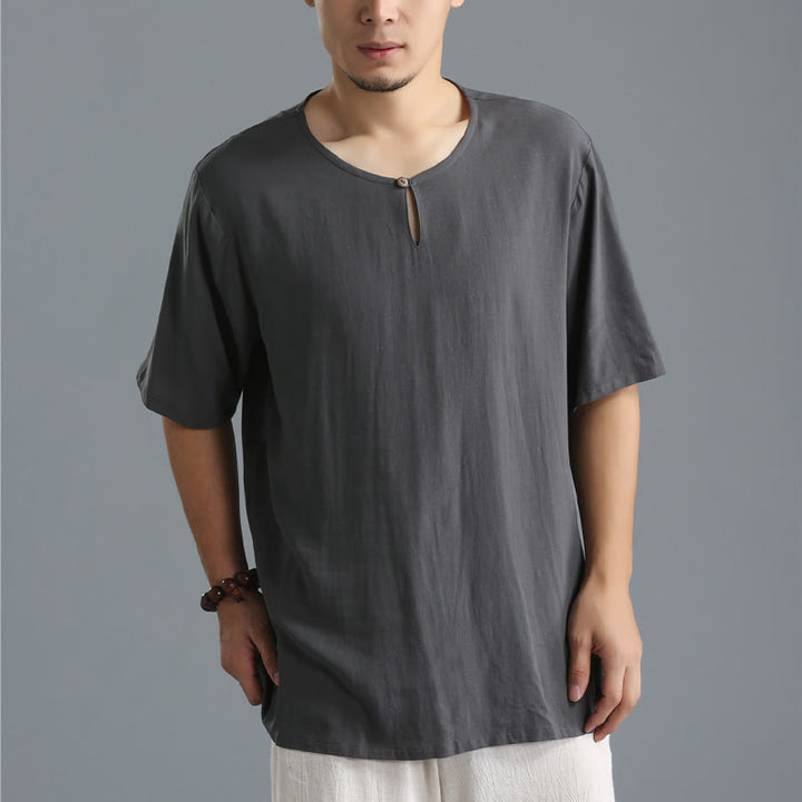 Chemise en coton et lin à manches courtes et col rond pour homme de couleur unie Buddha Stones