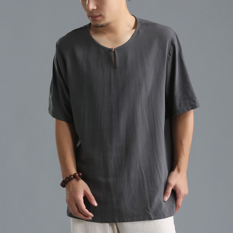 Chemise en coton et lin à manches courtes et col rond pour homme de couleur unie Buddha Stones