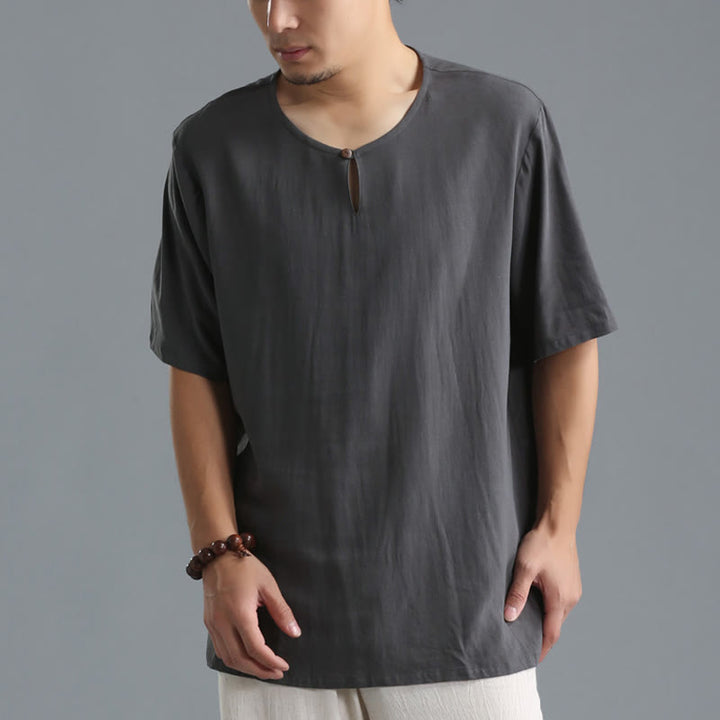 Chemise en coton et lin à manches courtes et col rond pour homme de couleur unie Buddha Stones