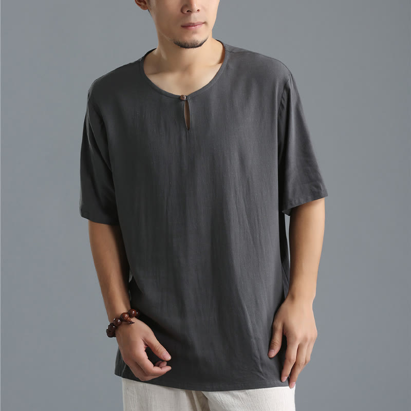 Chemise en coton et lin à manches courtes et col rond pour homme de couleur unie Buddha Stones