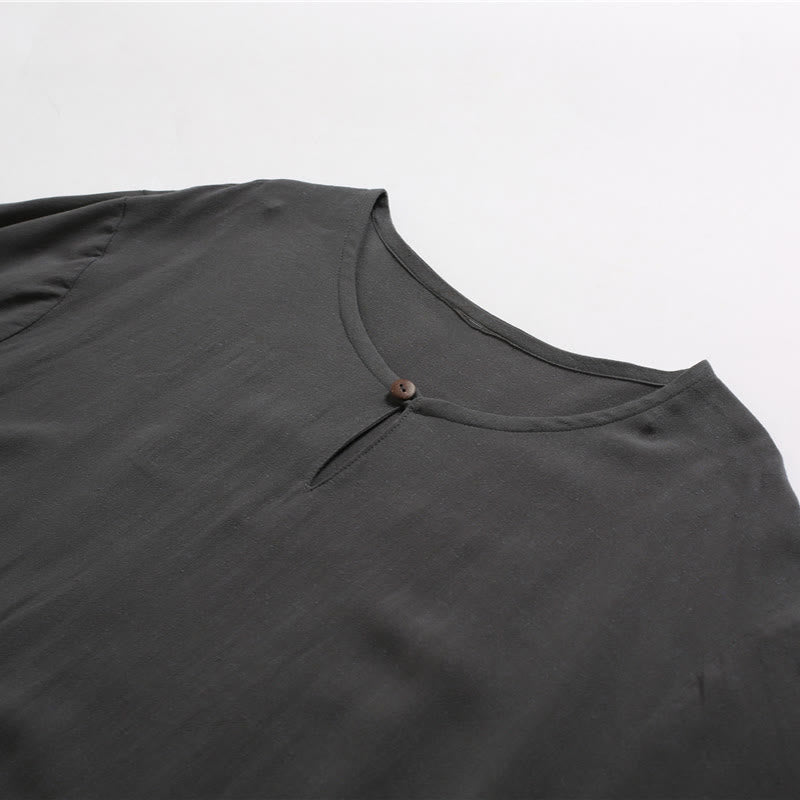 Chemise en coton et lin à manches courtes et col rond pour homme de couleur unie Buddha Stones
