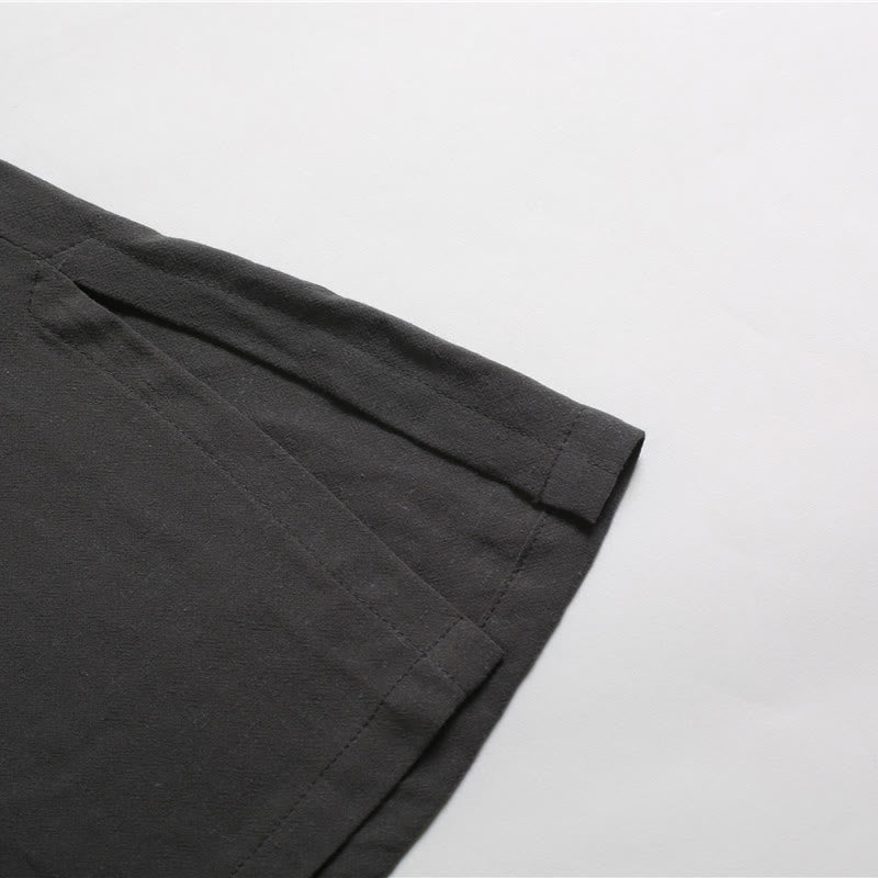 Chemise en coton et lin à manches courtes et col rond pour homme de couleur unie Buddha Stones