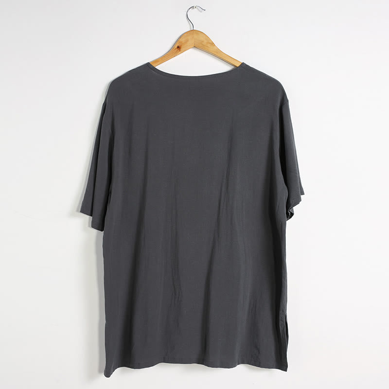 Chemise en coton et lin à manches courtes et col rond pour homme de couleur unie Buddha Stones