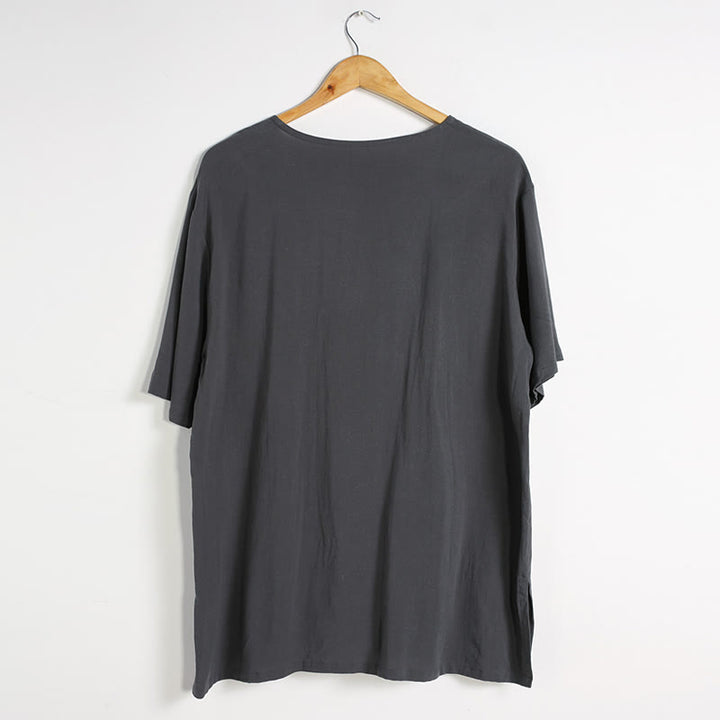 Chemise en coton et lin à manches courtes et col rond pour homme de couleur unie Buddha Stones