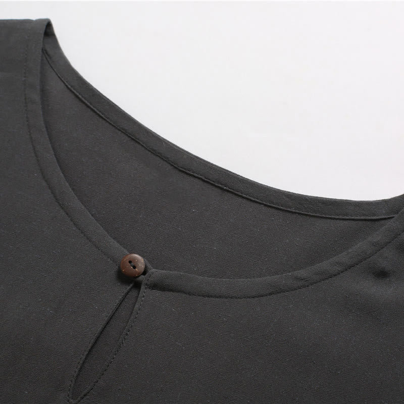 Chemise en coton et lin à manches courtes et col rond pour homme de couleur unie Buddha Stones