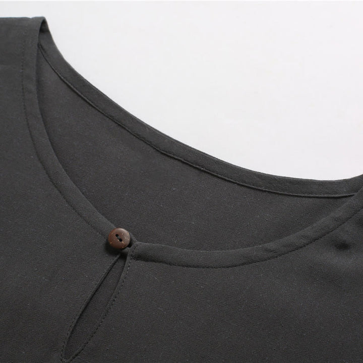 Chemise en coton et lin à manches courtes et col rond pour homme de couleur unie Buddha Stones