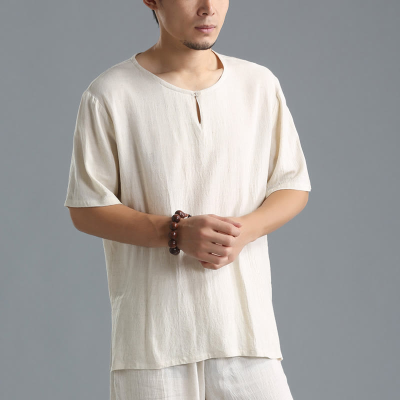 Chemise en coton et lin à manches courtes et col rond pour homme de couleur unie Buddha Stones